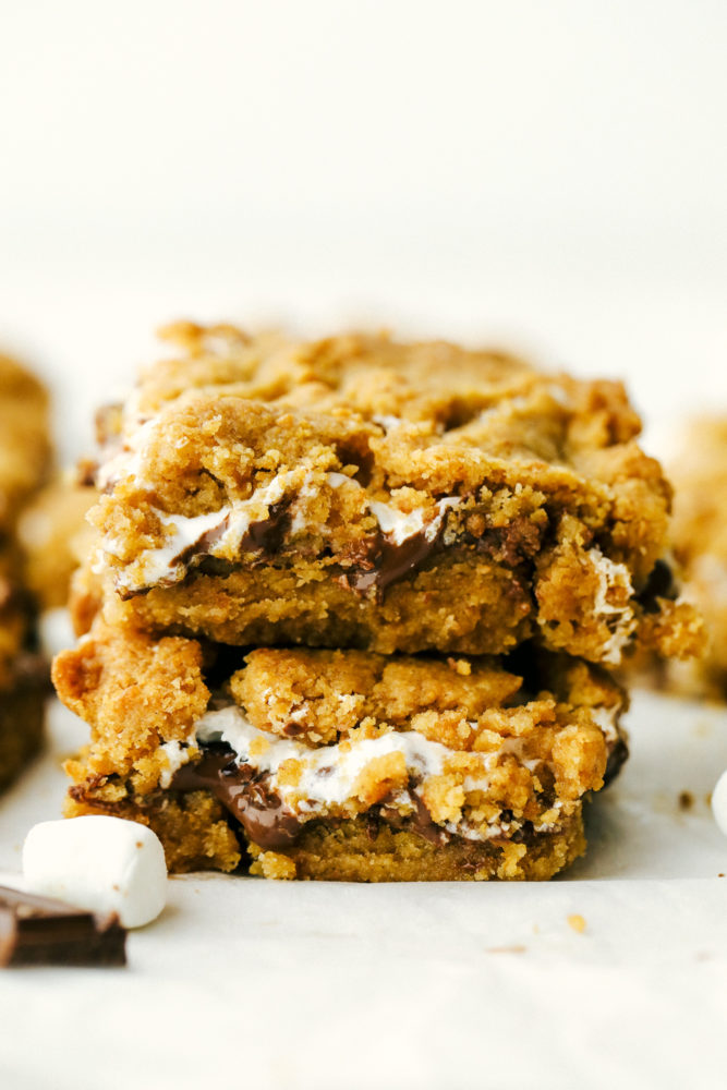 S’mores bars stacked on top of each other. 