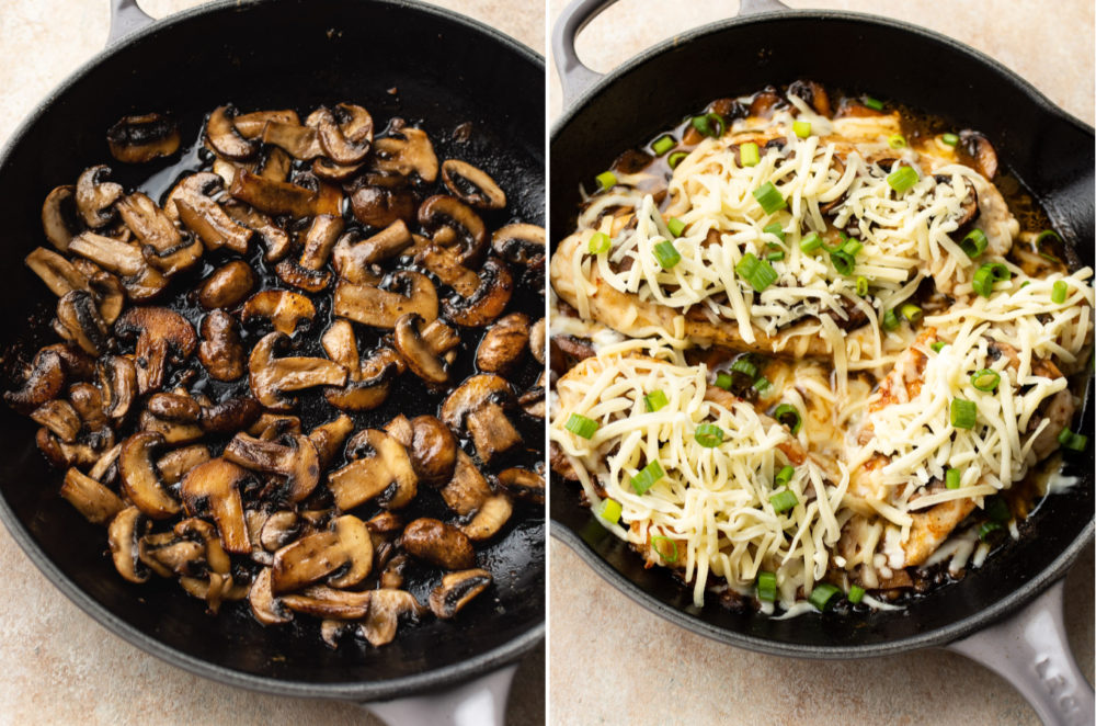 collage of Chicken Lombardy recipe (sautéed mushrooms and the skillet prior to going into the oven)