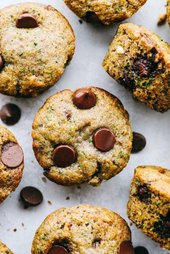 Areal view of chocolate chip zucchini muffins.