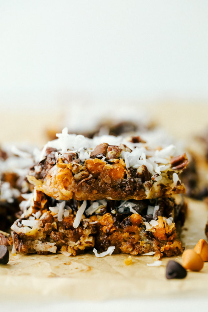 Close up on a stack of 2 seven layer bars.