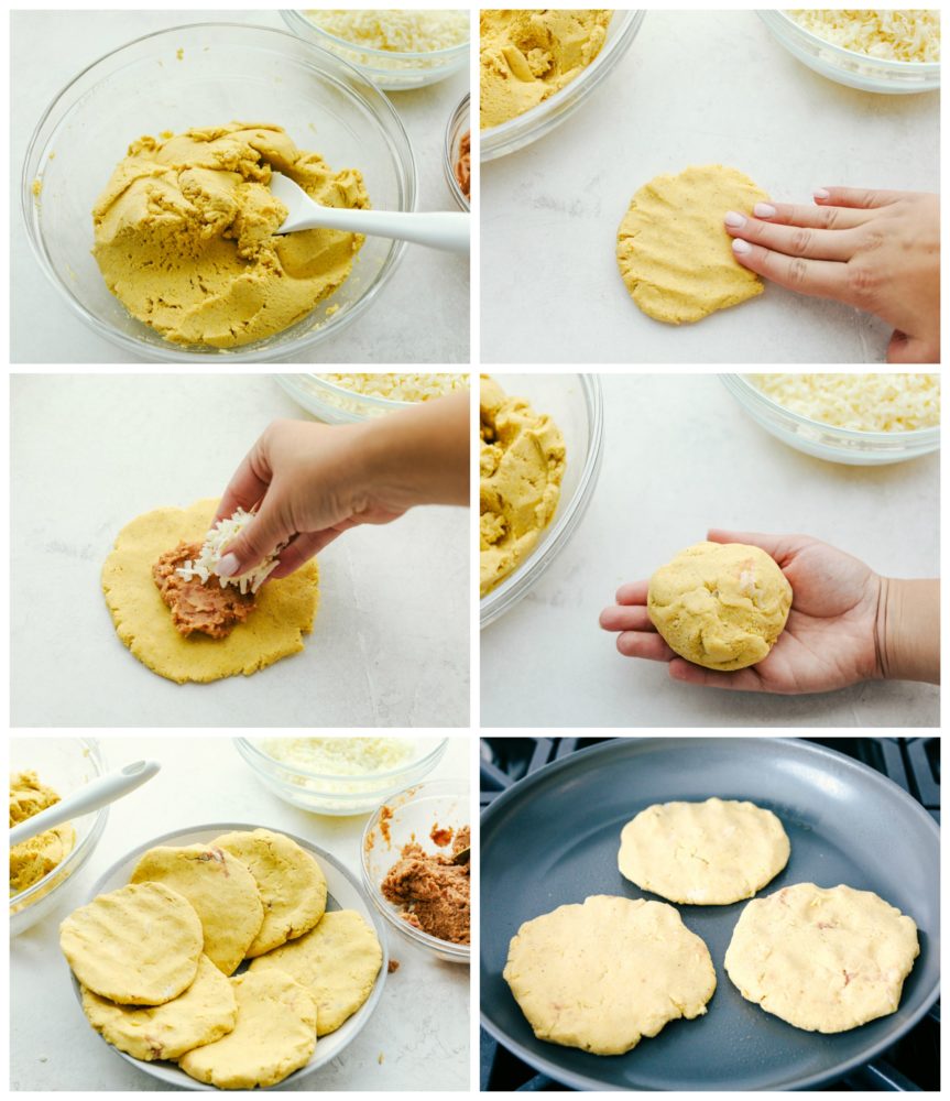 Steps to make bean and cheese pupusas.