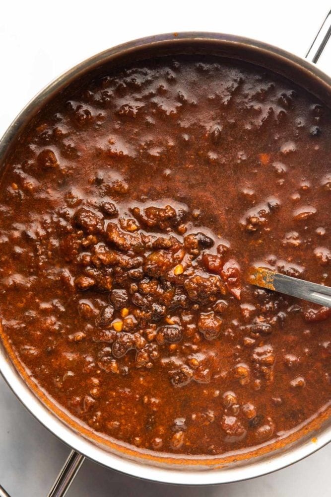 chili cooked in a pot for chili dogs