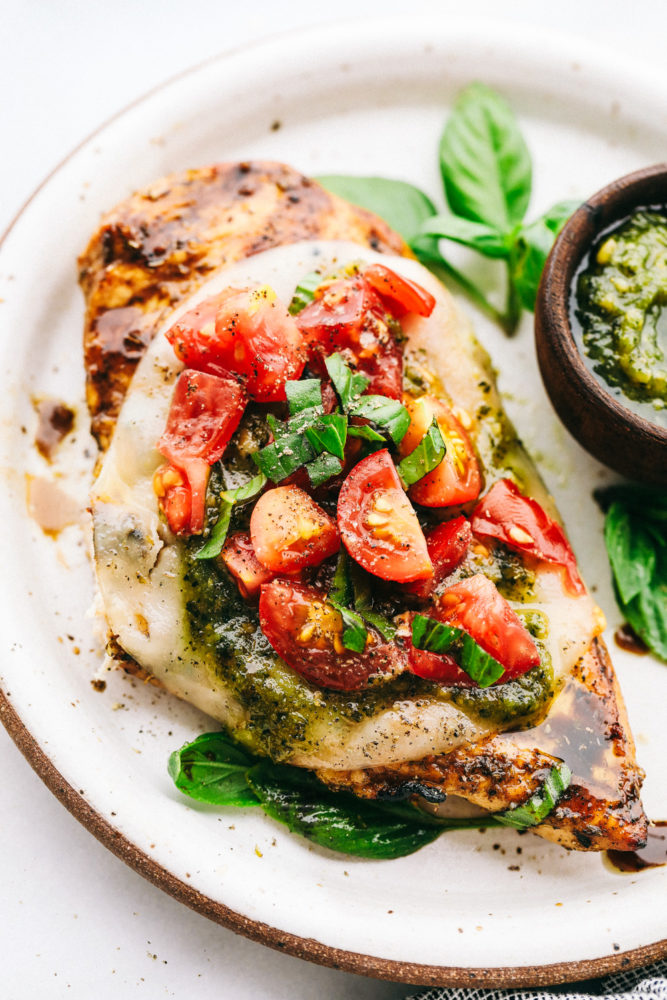 Chicken Margherita on a white plate.