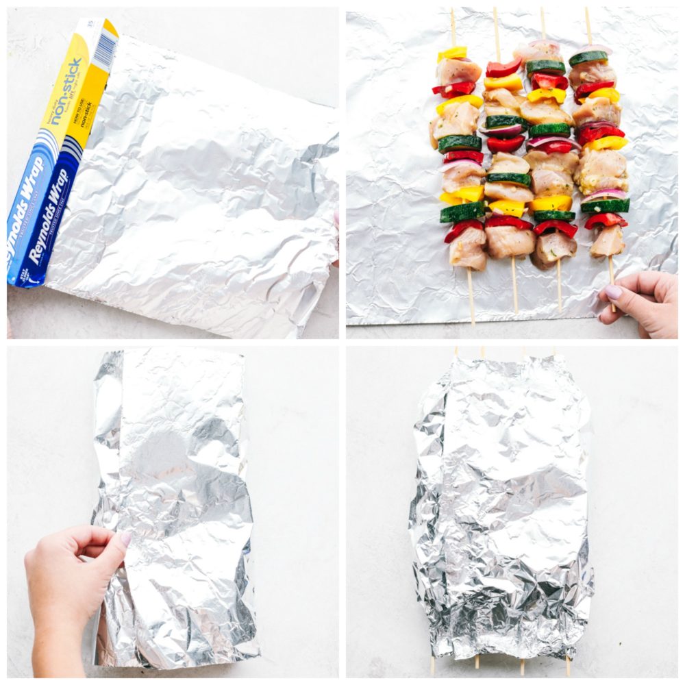 Four photos being used in the process of making chicken skewers with Reynolds wrap foil packet. 