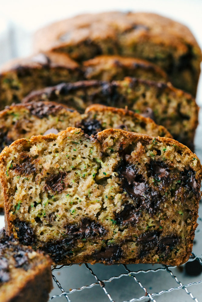 Sliced chocolate chip zucchini bread.