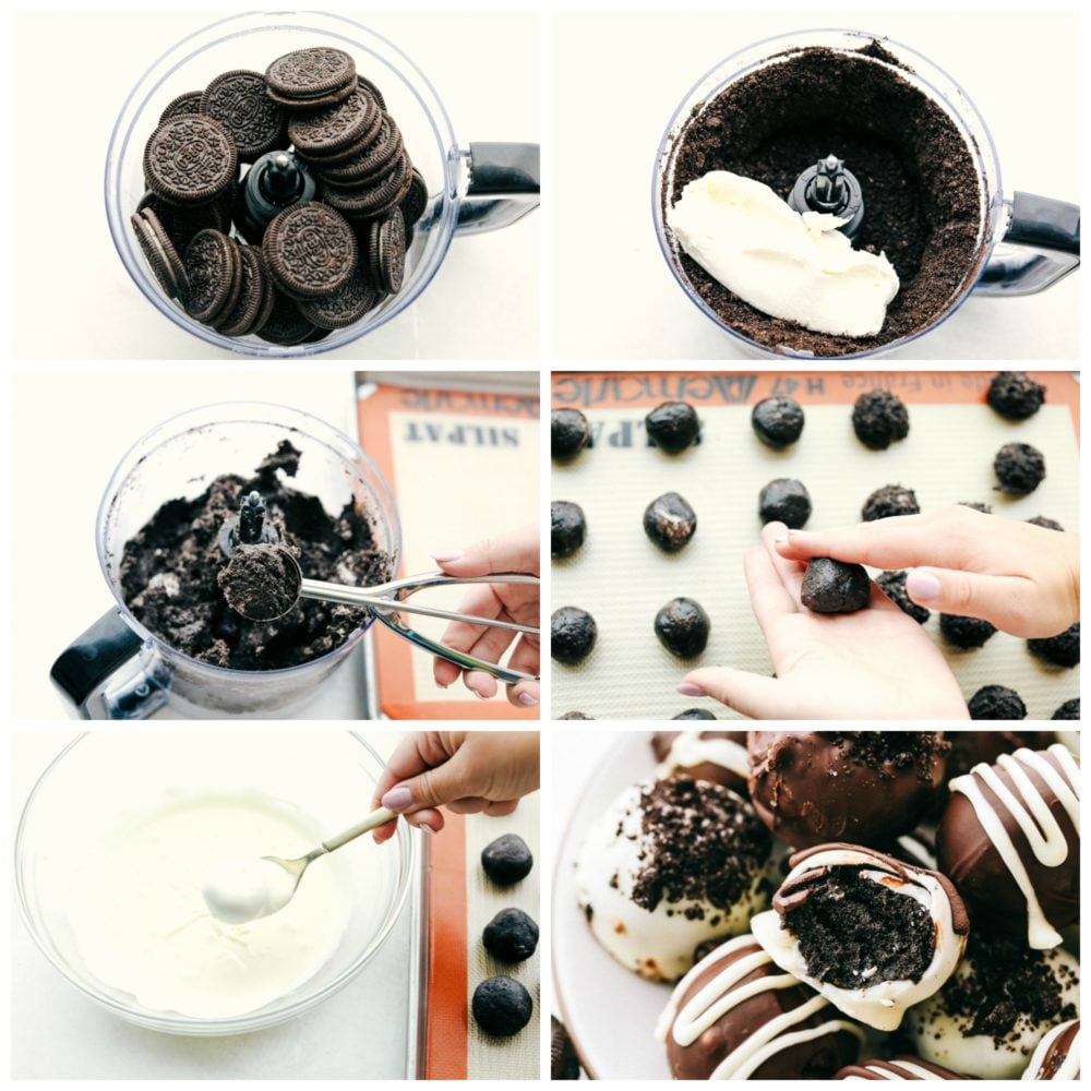 First photo of the Oreos in a food processor. Second photo of the Oreo crumbs and cream cheese in a food processor. Third photo of the Oreo mixture being scooped into a ball. Fourth photo of rolling the Oreo balls. Fifth photo of a ball dipping in the melted white chocolate. Sixth photo of the balls stacked on a plate with a bite out of one.