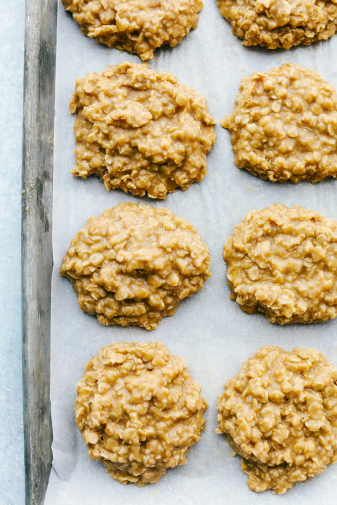 No bake cookies cooling on the baking sheet.