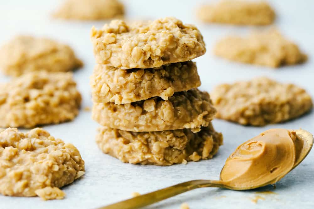 No Bake Peanut Butter Cookies in a stack.