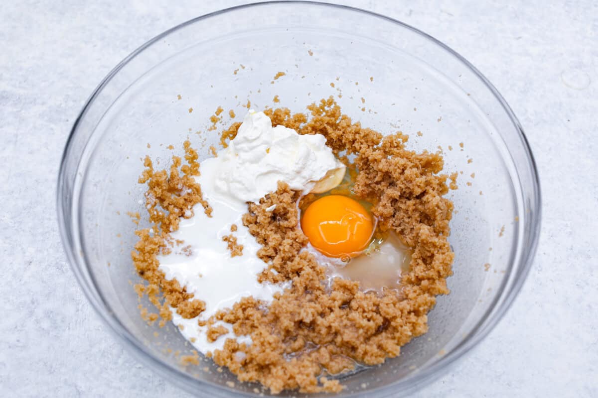 First photo of the wet ingredients added to a bowl.