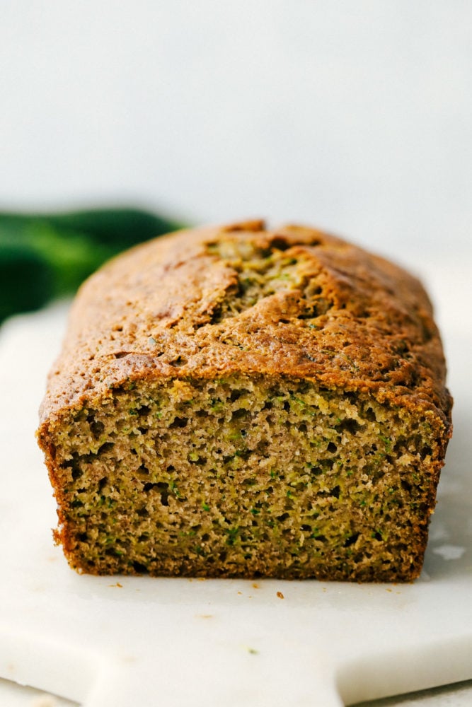 Zucchini bread facing out with the bread sliced. 