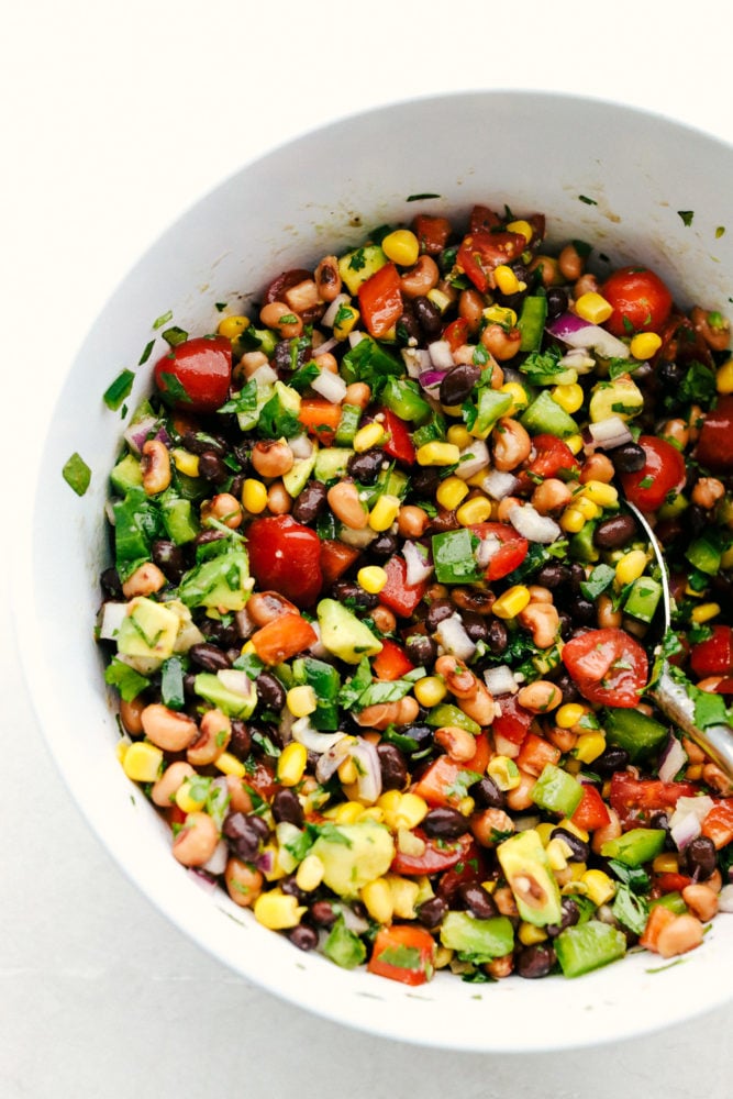 Cowboy caviar in a white bowl. 