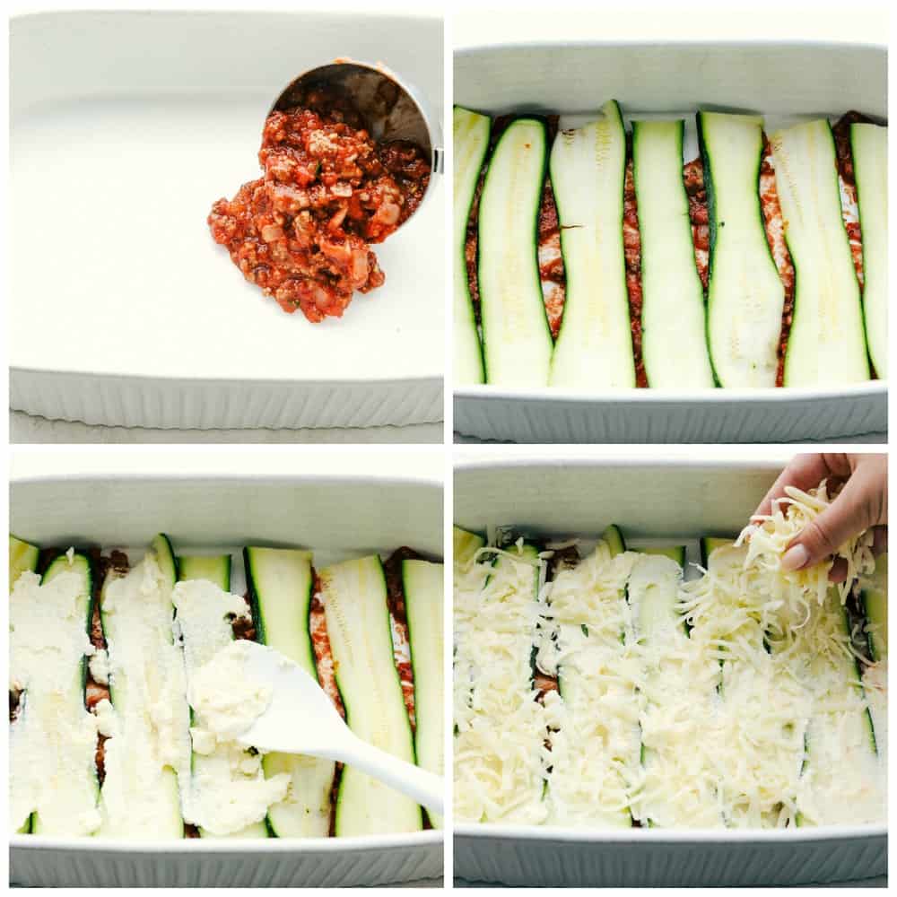 The process of layering zucchini lasagna. 