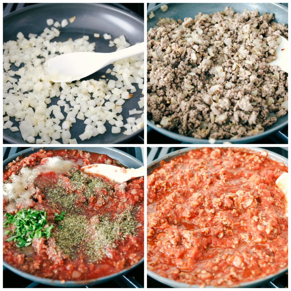 Steps to making zucchini lasagna, onions, tomato sauce and cheese. 