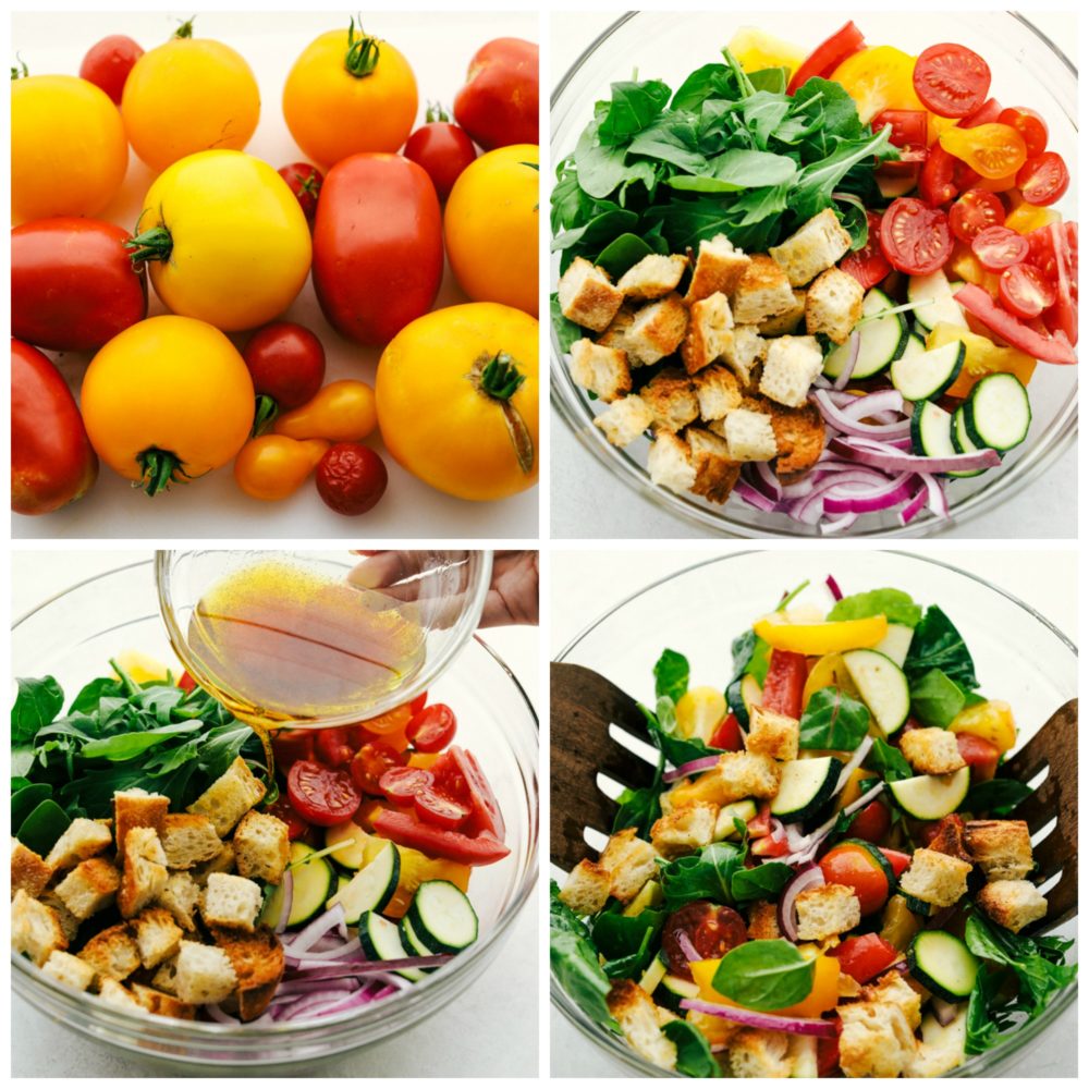 The process of making a Panzanella Salad. 