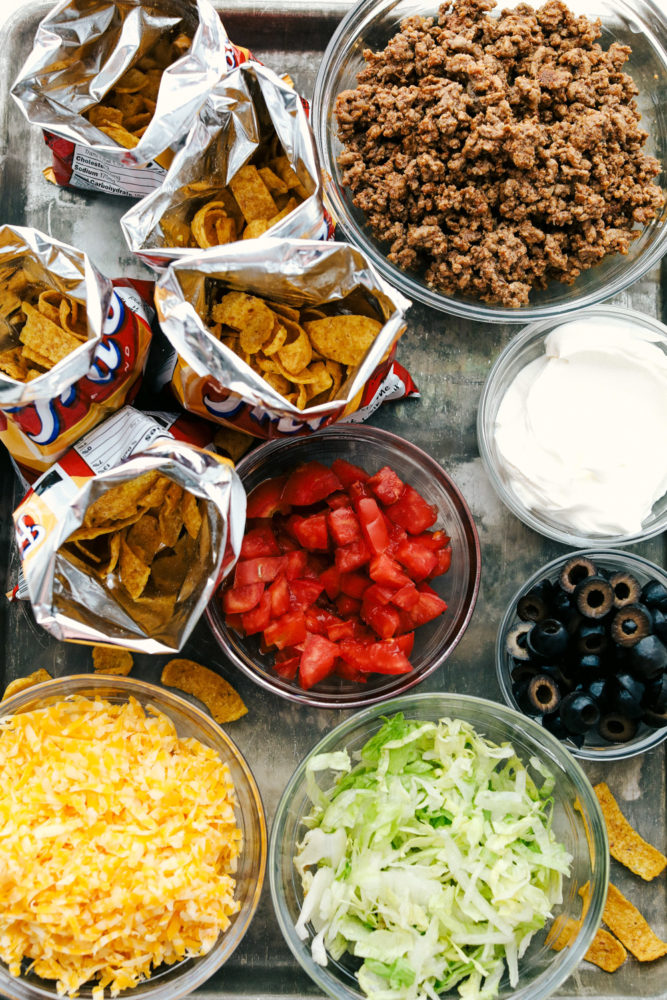 Overhead view of all the ingredients in a walking taco.