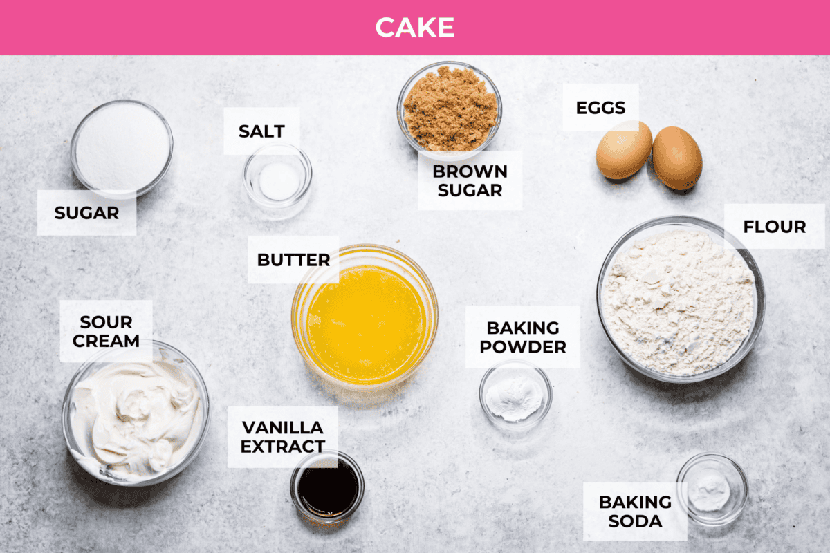 Overhead shot of labeled coffee cake ingredients. 