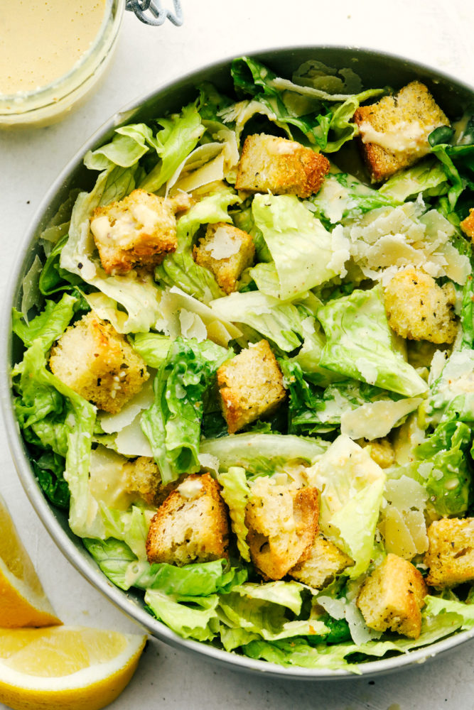 Crispy, light and fresh Caesar Salad with homemade dressing and croutons.