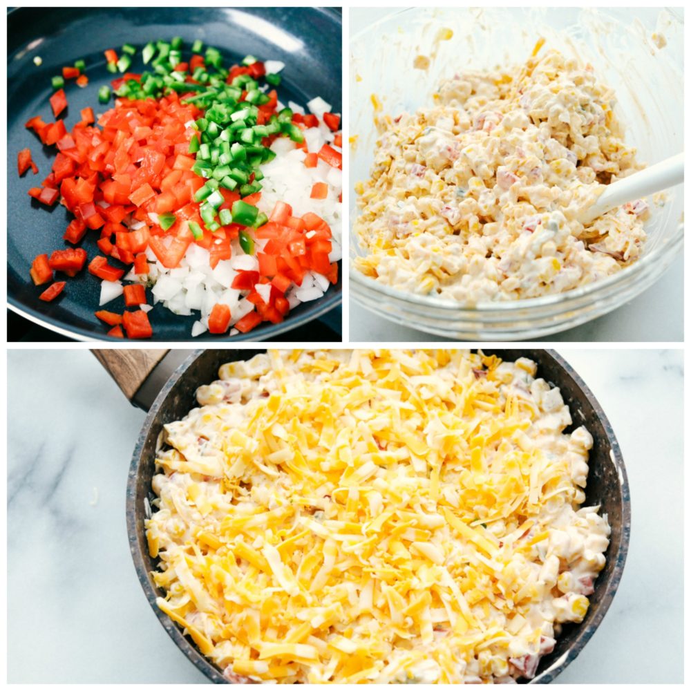 Making cheesy spiced Hot Corn Dip with peppers, onions and jalapeno. 