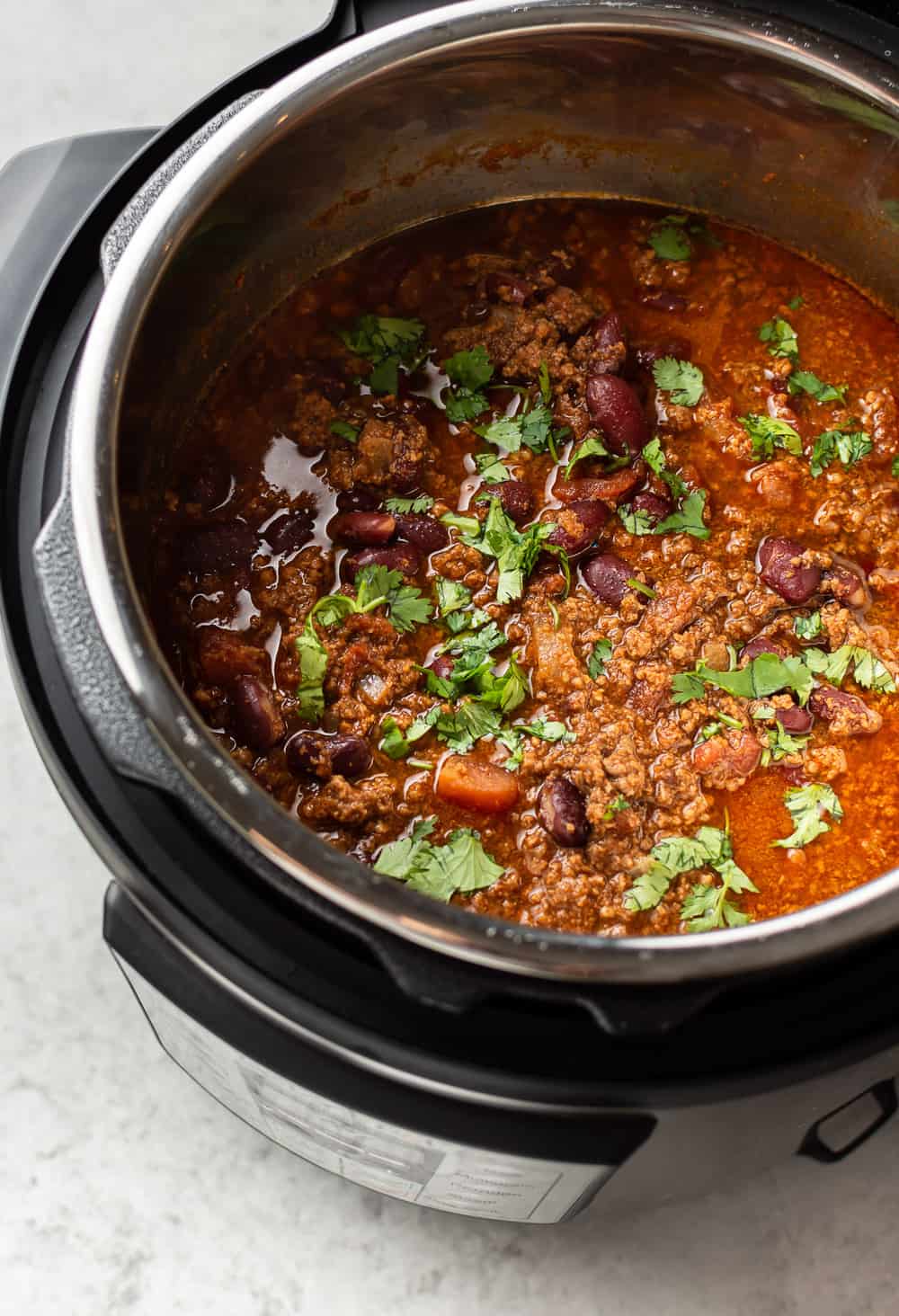 close-up of beef chili in an Instant Pot