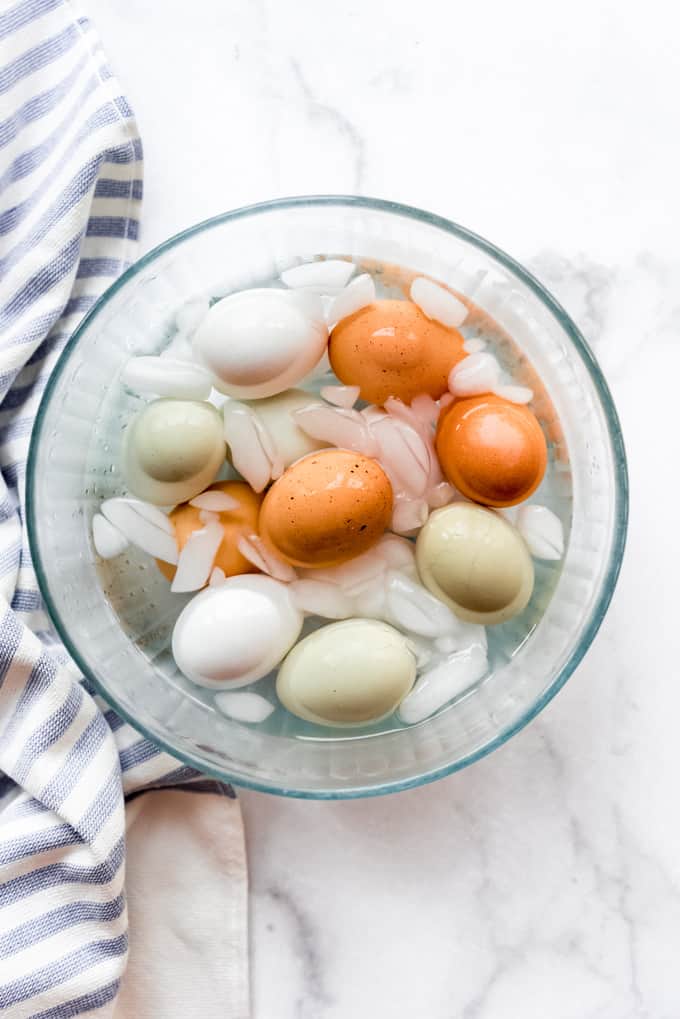 Hard boiled eggs in an ice water bath.