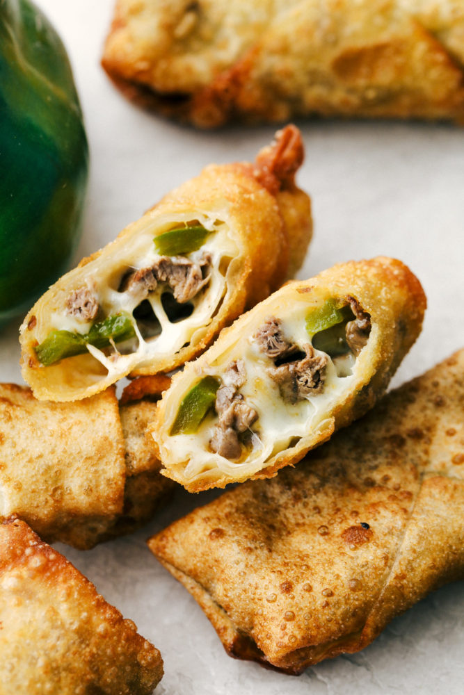 Crispy on the outside, ooey gooey on the inside Philly Cheesesteak Egg Rolls