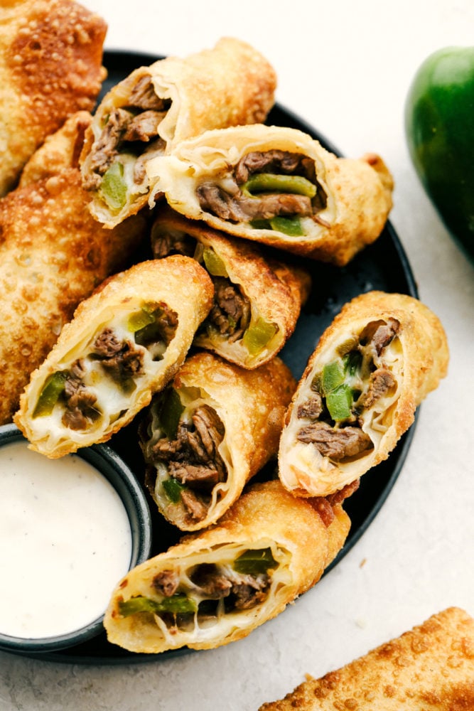 Crispy on the outside, ooey gooey on the inside Philly Cheesesteak Egg Rolls