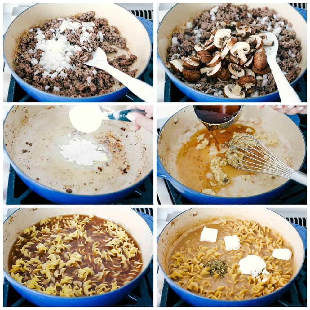 Making hearty one pot ground beef stroganoff.