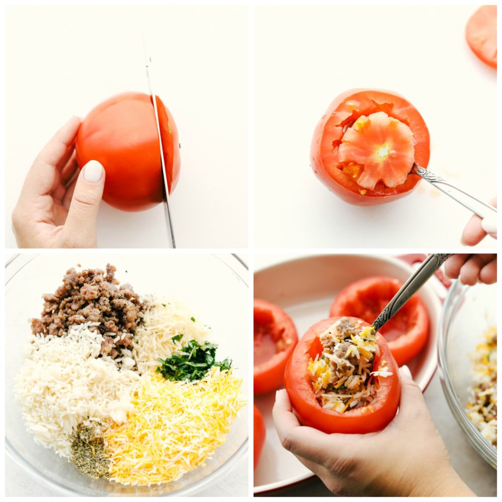 Cutting the tomatoes, making the filling and stuffing the tomatoes.