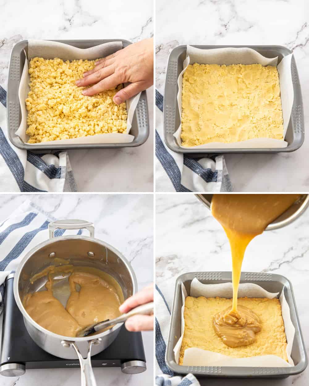 Collage of 4 images showing the base and caramel being added to baking tin