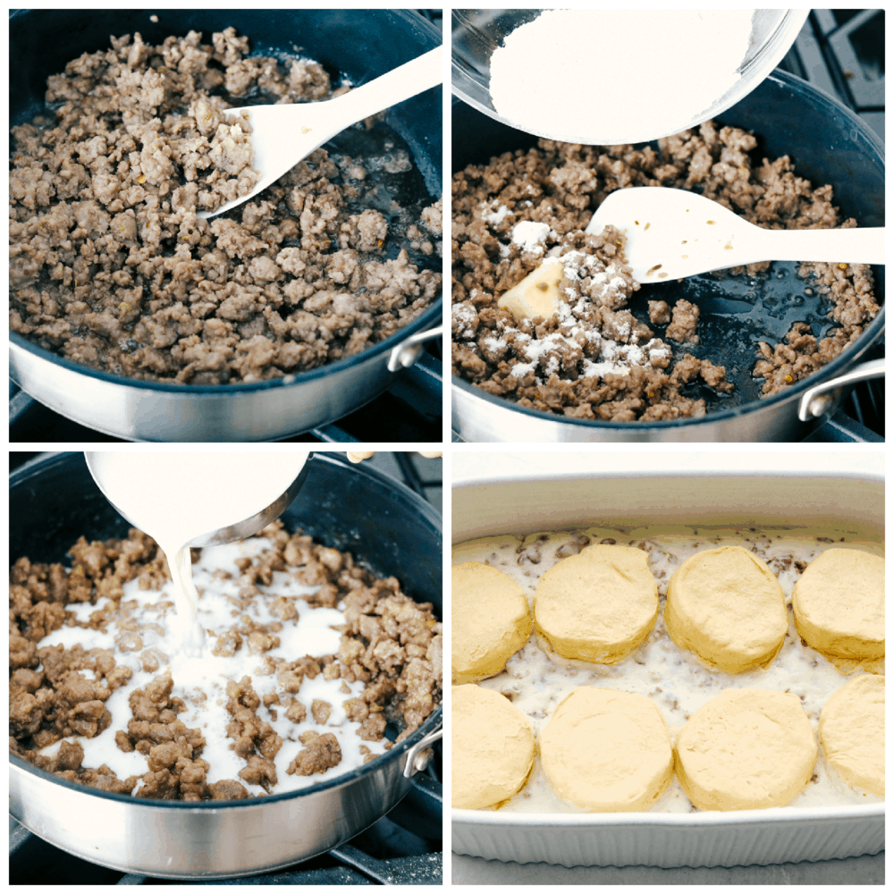 Making sausage and gravy for biscuits and gravy casserole. 