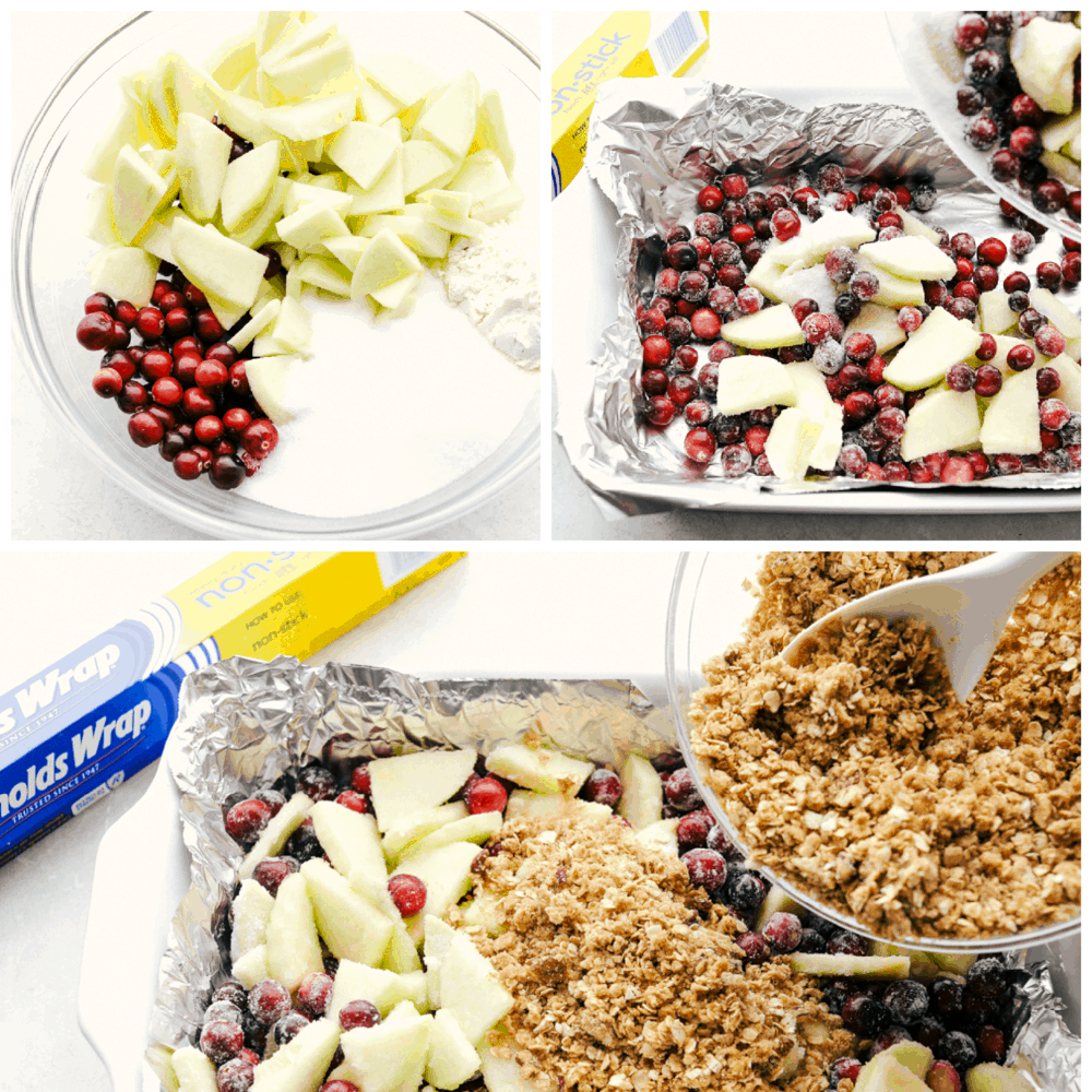 The process shots of making cranberry apple crisp in three photos. 