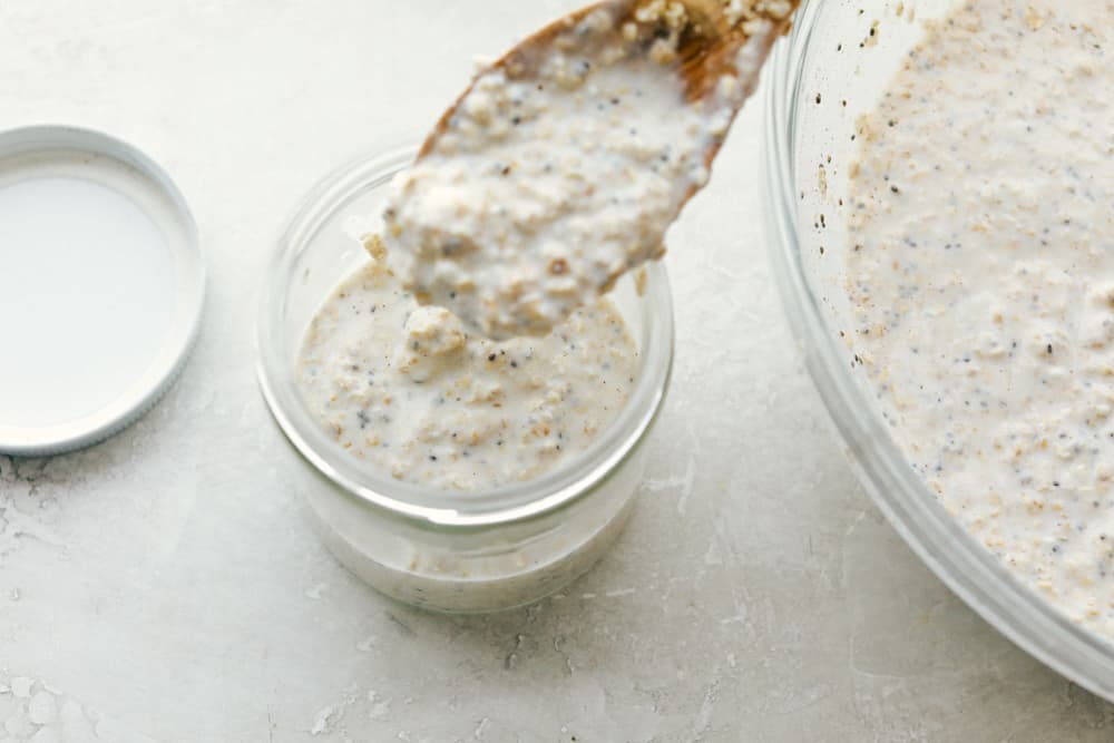 Overnight oat mixture in a jar for soaking.