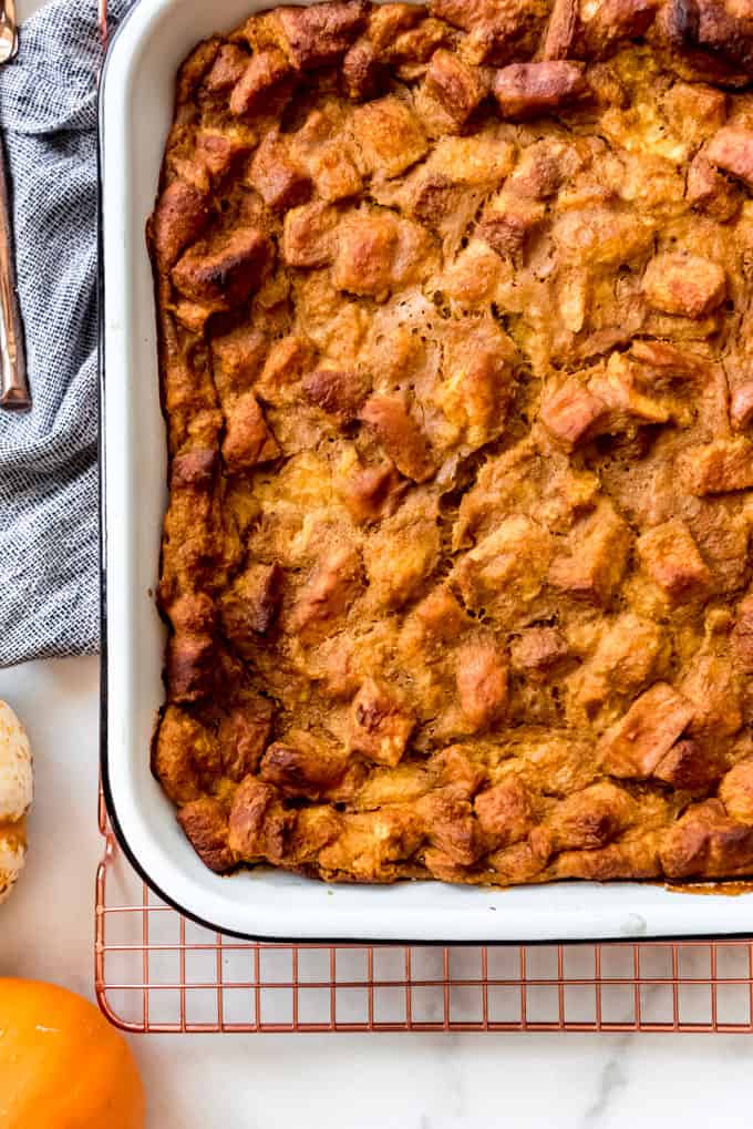 A pan of pumpkin bread pudding.