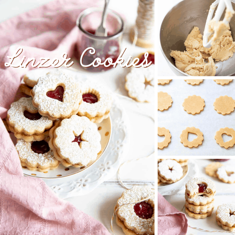 Linzer Cookies in a collage. 