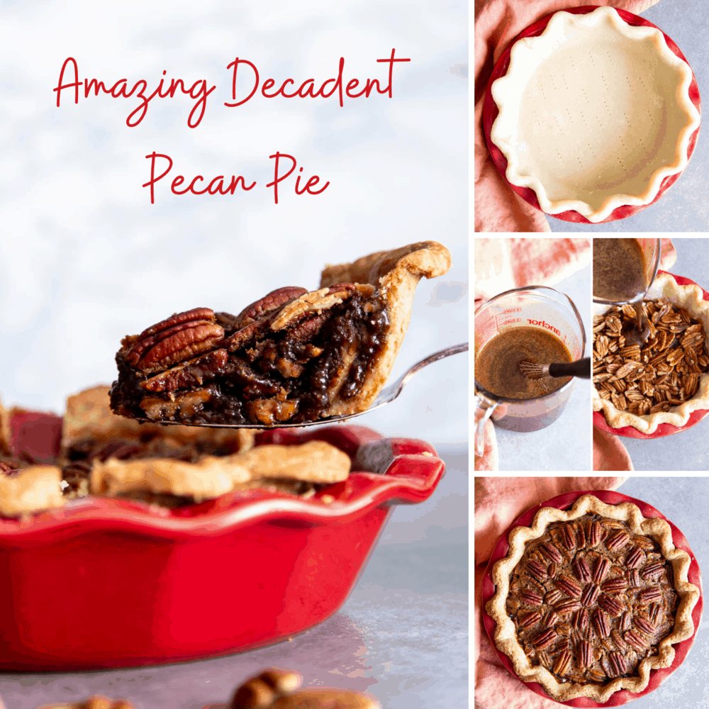 A Collage of steps to make pecan pie.