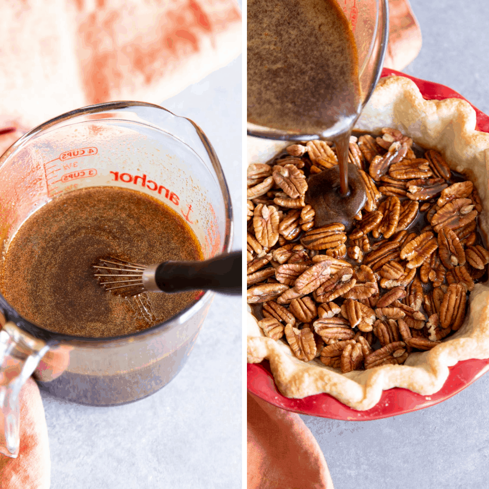 Making the filling and putting it in the cooked pie shell. 