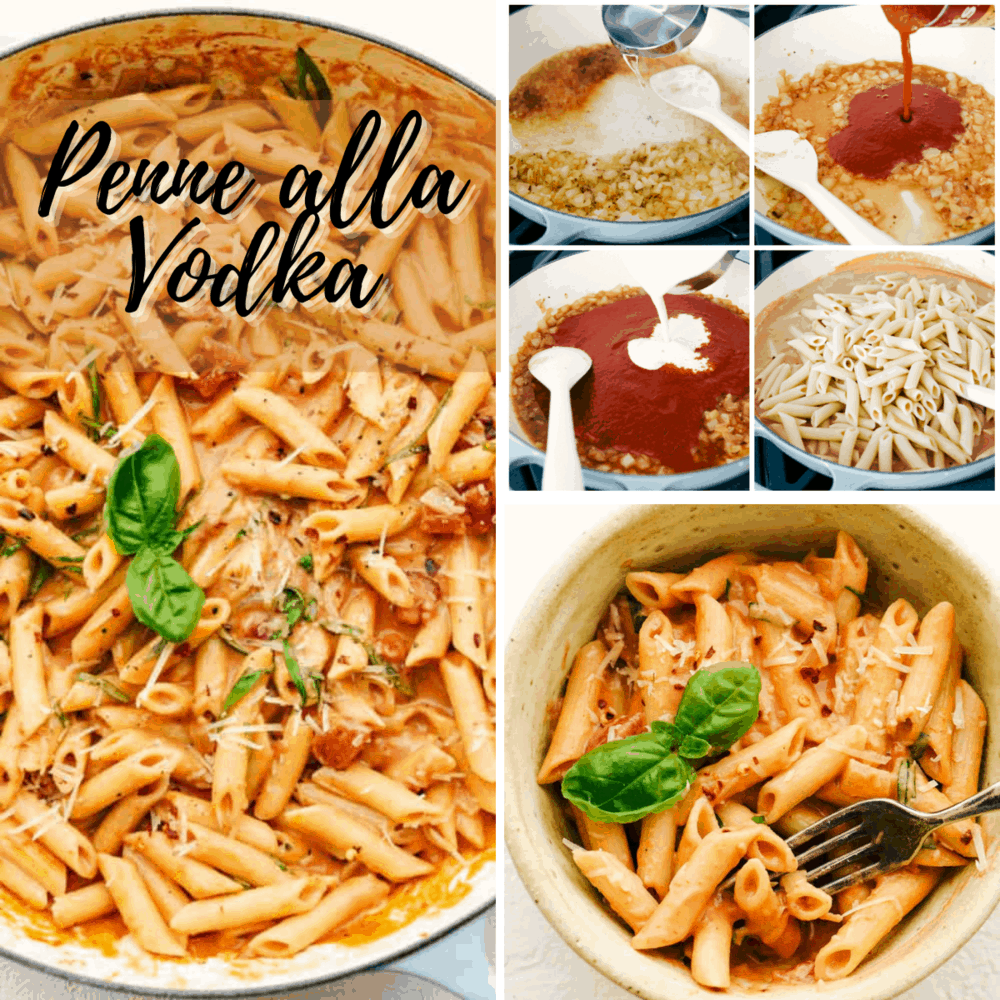 A collage of the steps to make penne alla vodka.