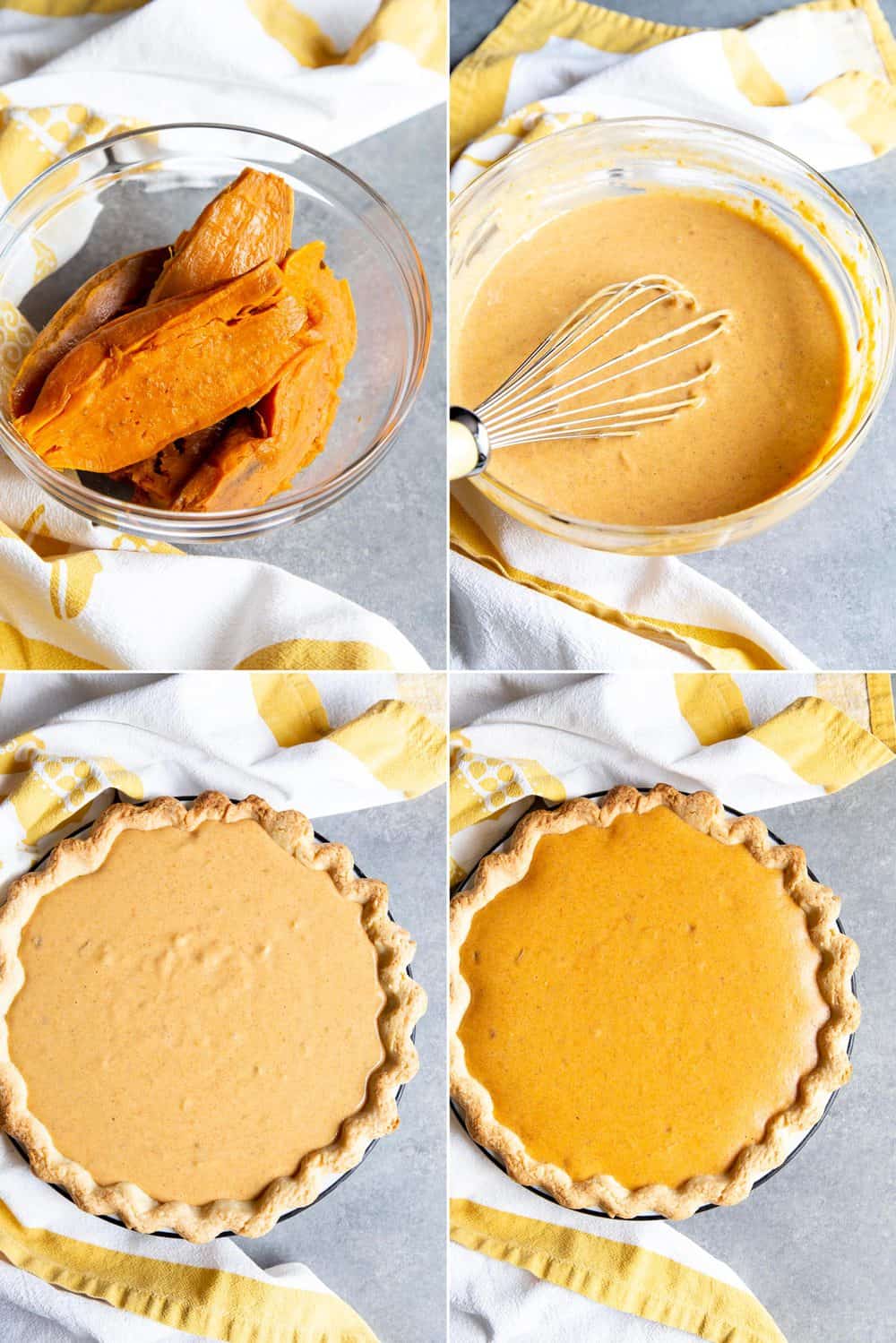 A collage of 4 photos showing process of making the sweet potato pie