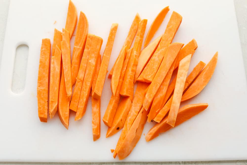 Sweet potato peeled and cut into sticks.