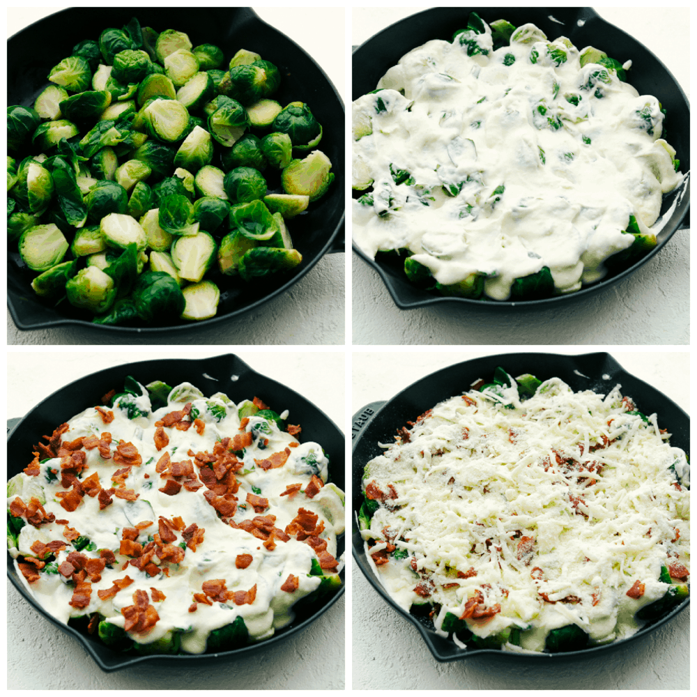 Layering brussels sprouts, cheese sauce, bacon and cheese in a cast iron skillet.