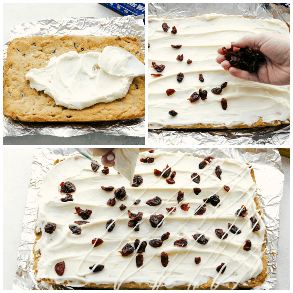 A collage of how to make the cranberry bliss bars. 