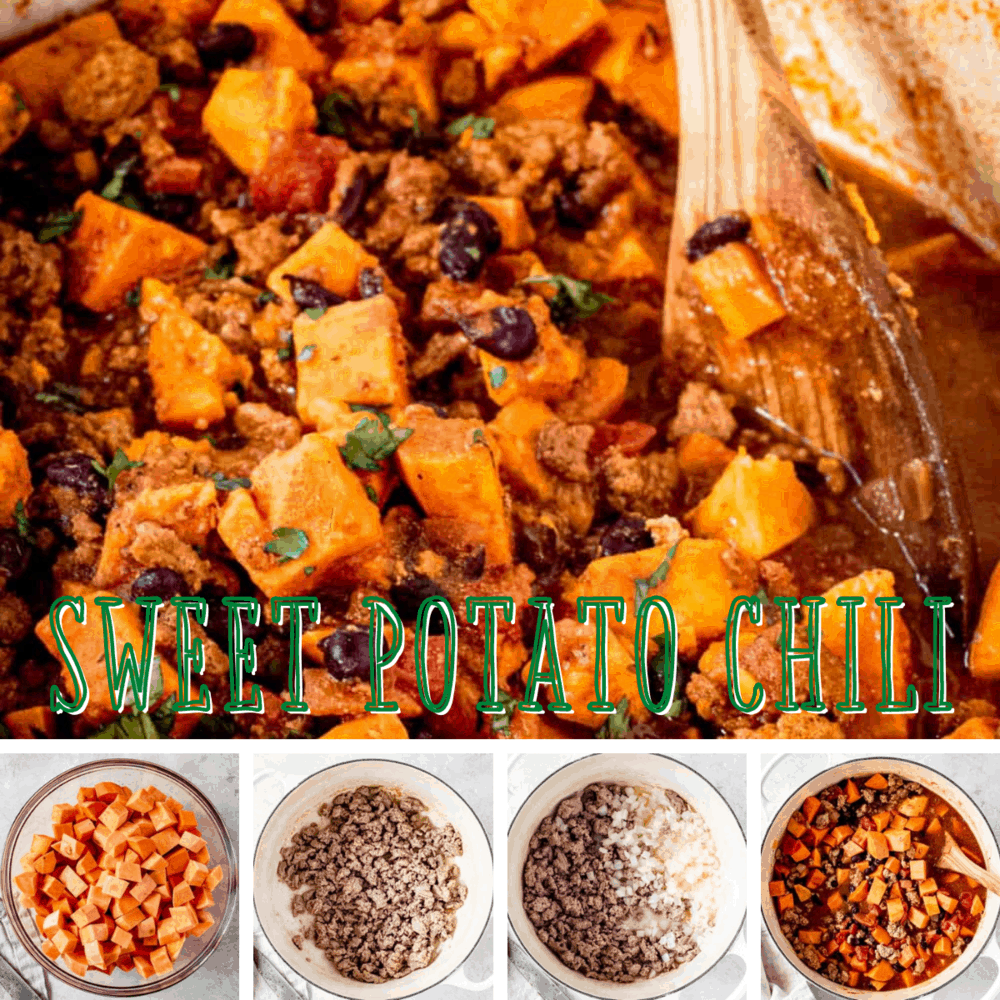 A collage of sweet potato chili. 