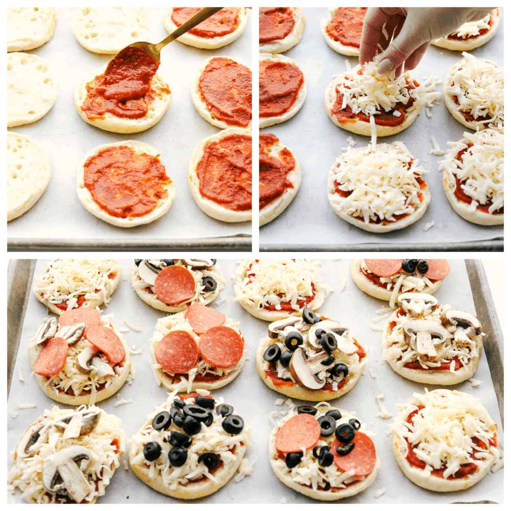 Assembling English muffin pizzas with various toppings.