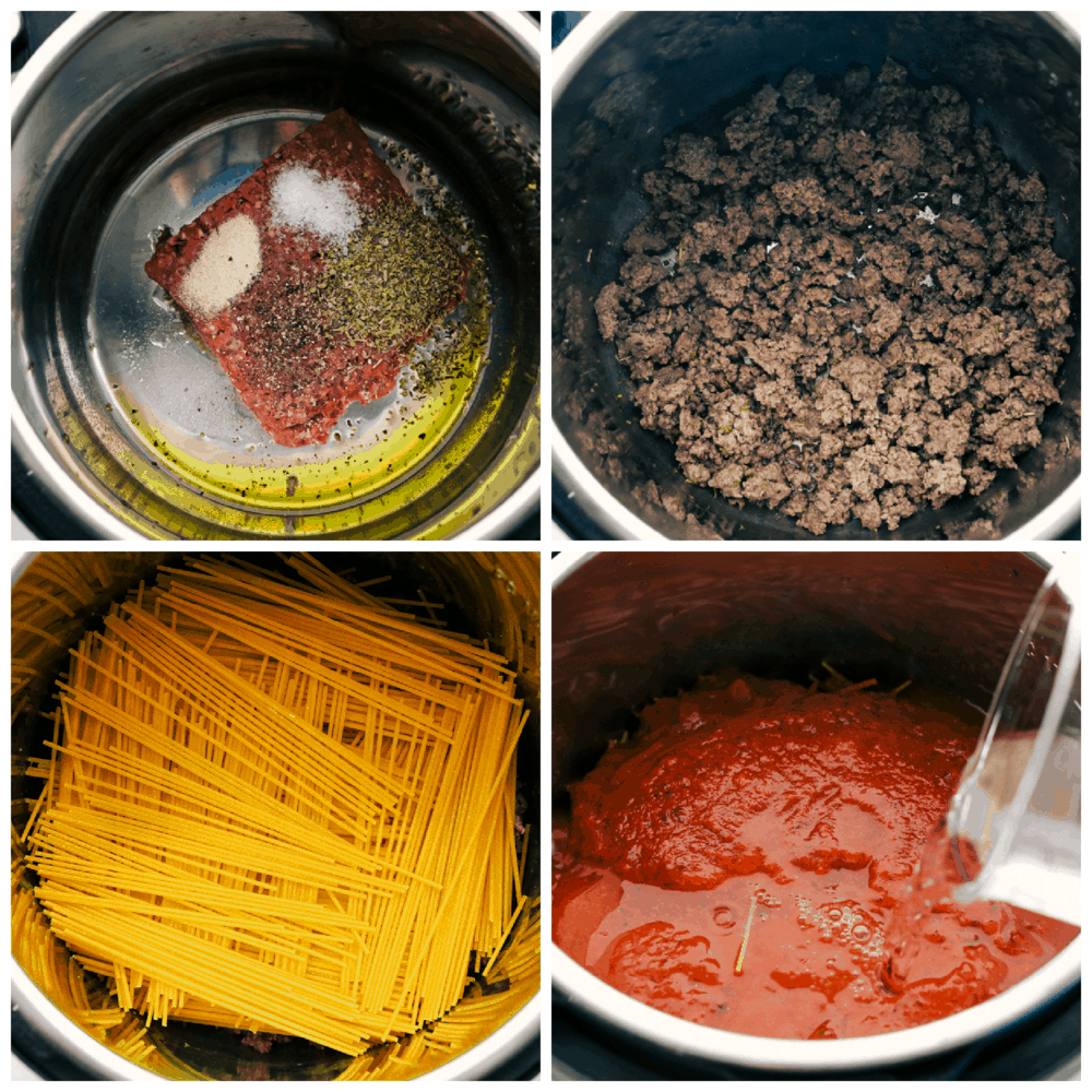 Browning, seasoning and cooking spaghetti in the instant pot. 