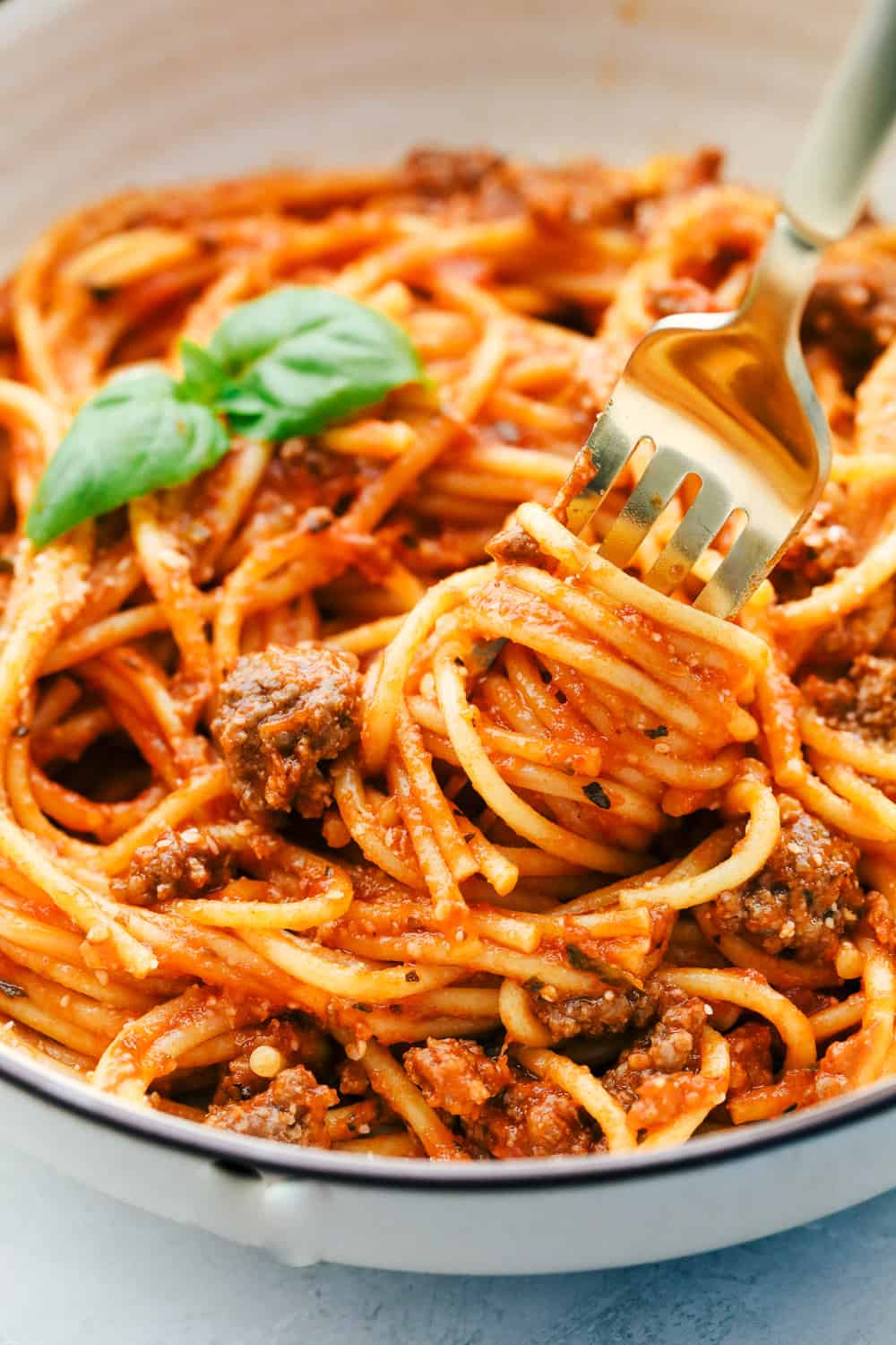 A fork with instant pot spaghetti wrapped around it. 