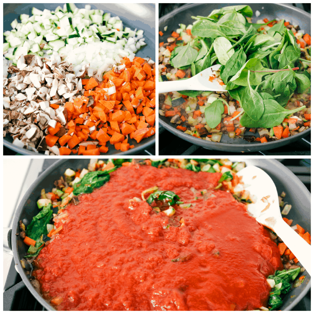 Sauteing vegetables for the vegetable lasagna. 