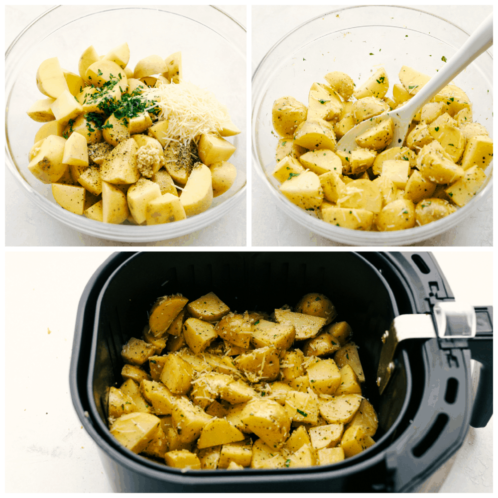 Mixing the seasoning on the air fryer potatoes getting ready to roast.