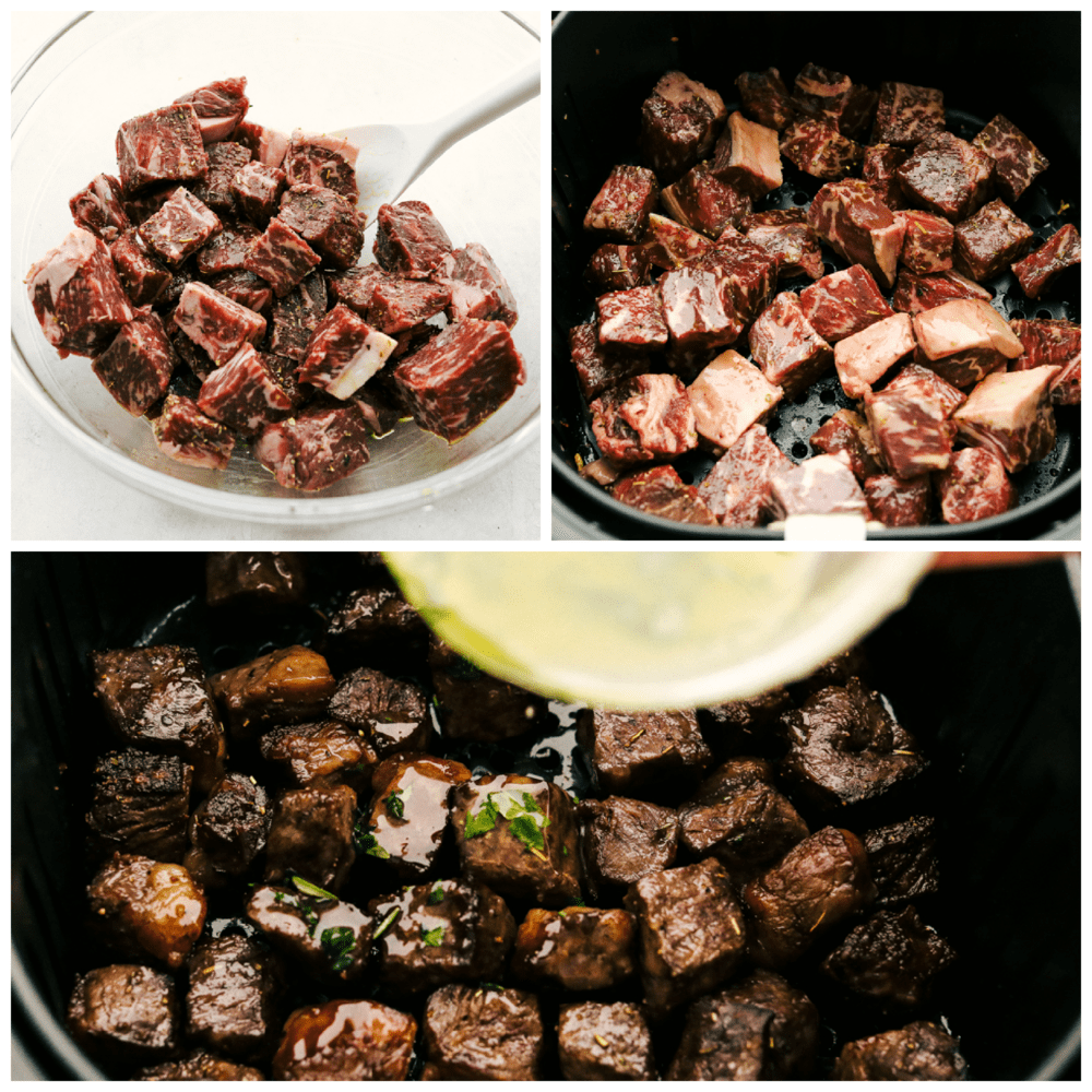 Seasoning the steak bites, cooking them and drizzling with herb butter.