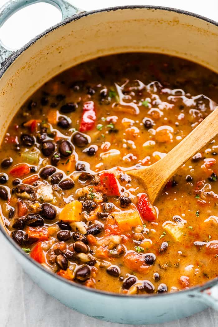 A closeup of a pot of bean soup.