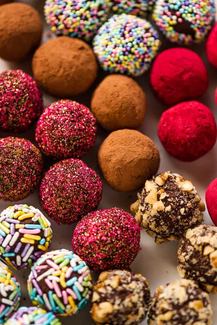 Chocolate truffles on a plate.